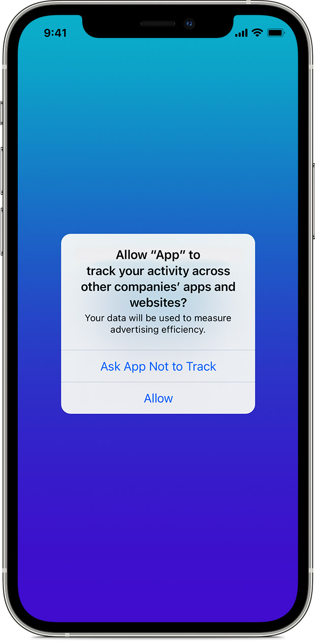 A screenshot of the dialog that appears when an iOS app wants to track activity. A screenshot of the dialog that appears when an app wants to track activity.