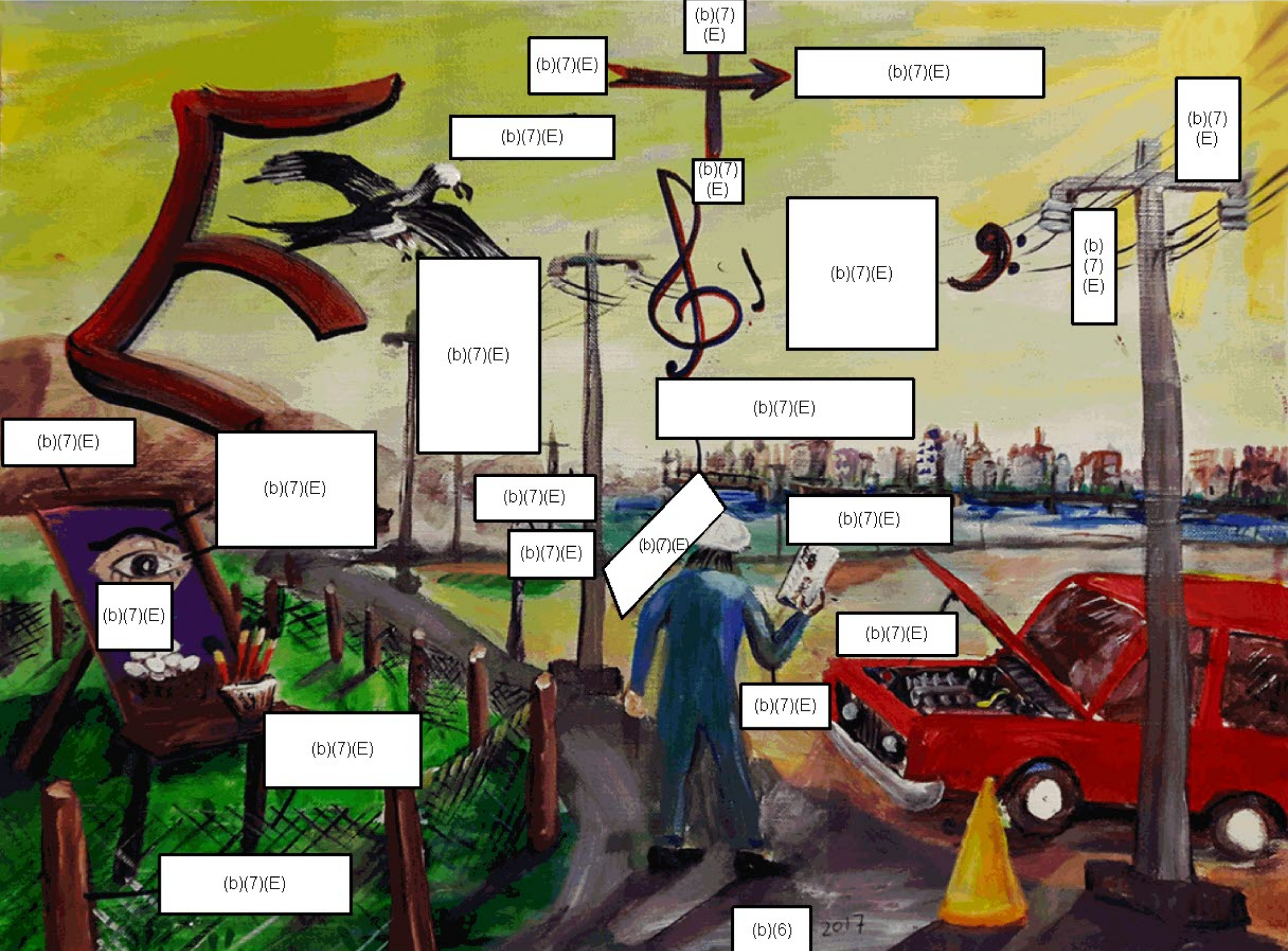 Courtesy Jason Leopold A painting of a man looking at a city. Little white redaction boxes are strewn all over.
