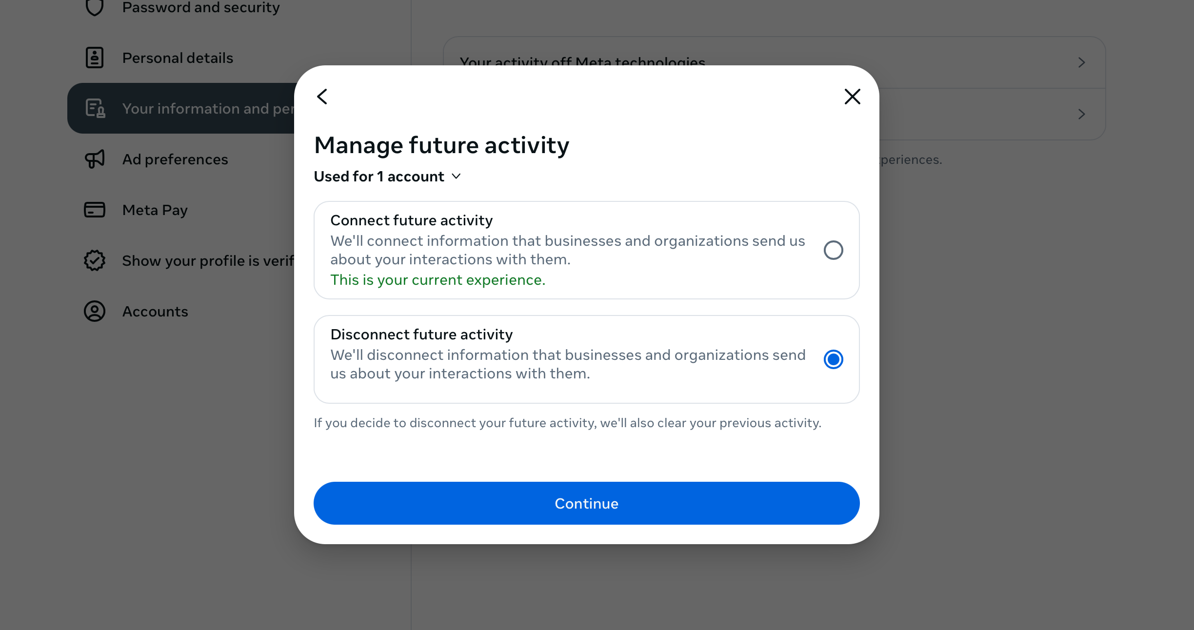 A screenshot of the "Manage future activity" setting with the "Disconnect future activity" option selected A screenshot of the "Manage future activity" setting with the "Disconnect future activity" option selected