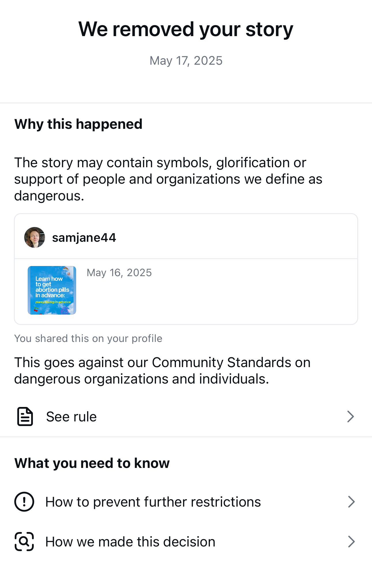 a screenshot showing the user's post being flagged under Meta's DOI policy a screenshot showing the user's post being flagged under Meta's DOI policy