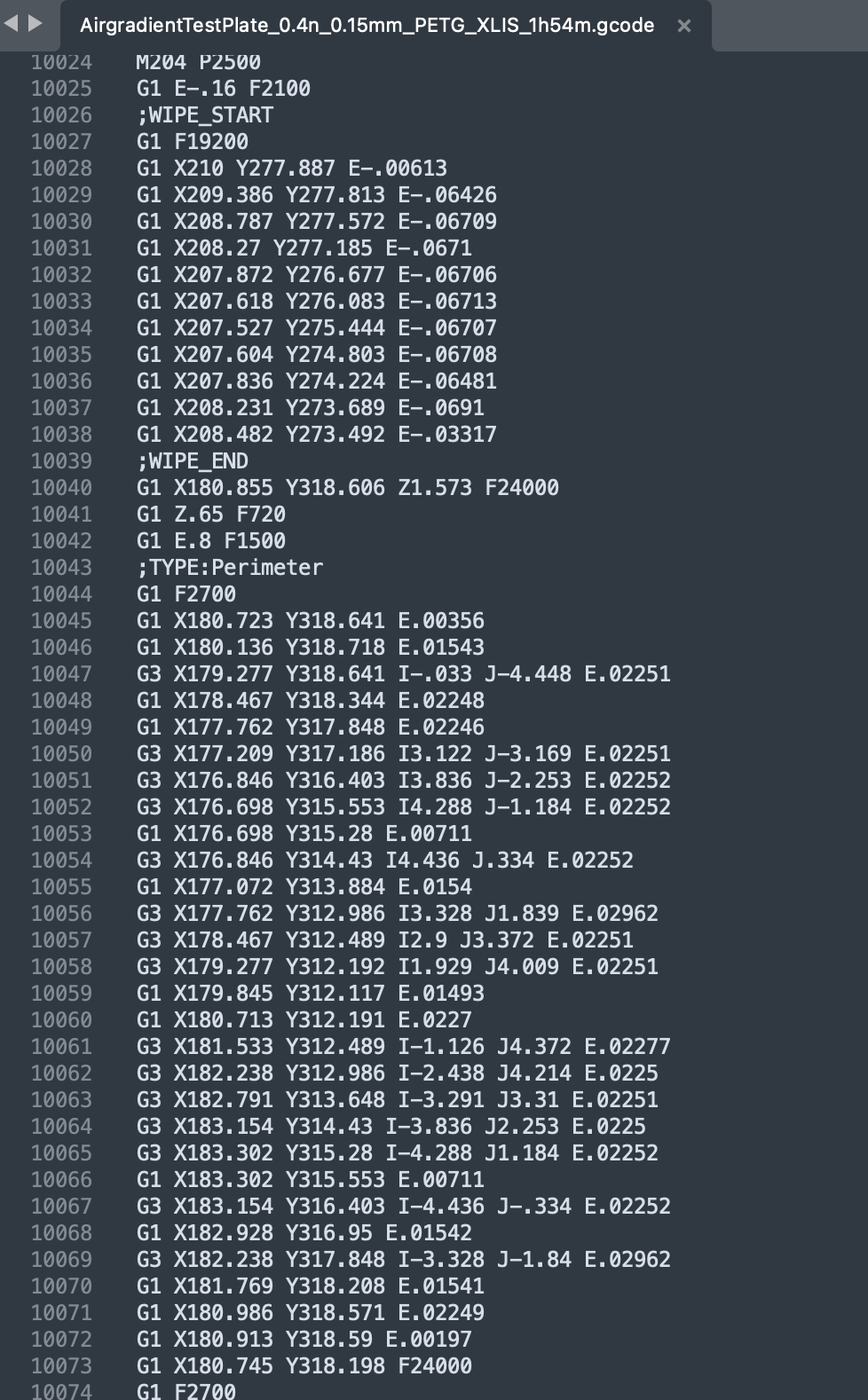 Líneas 10024-10074 del código G generado al laminar el modelo 3D. Líneas 10024-10074 del código G generado al laminar el modelo 3D.