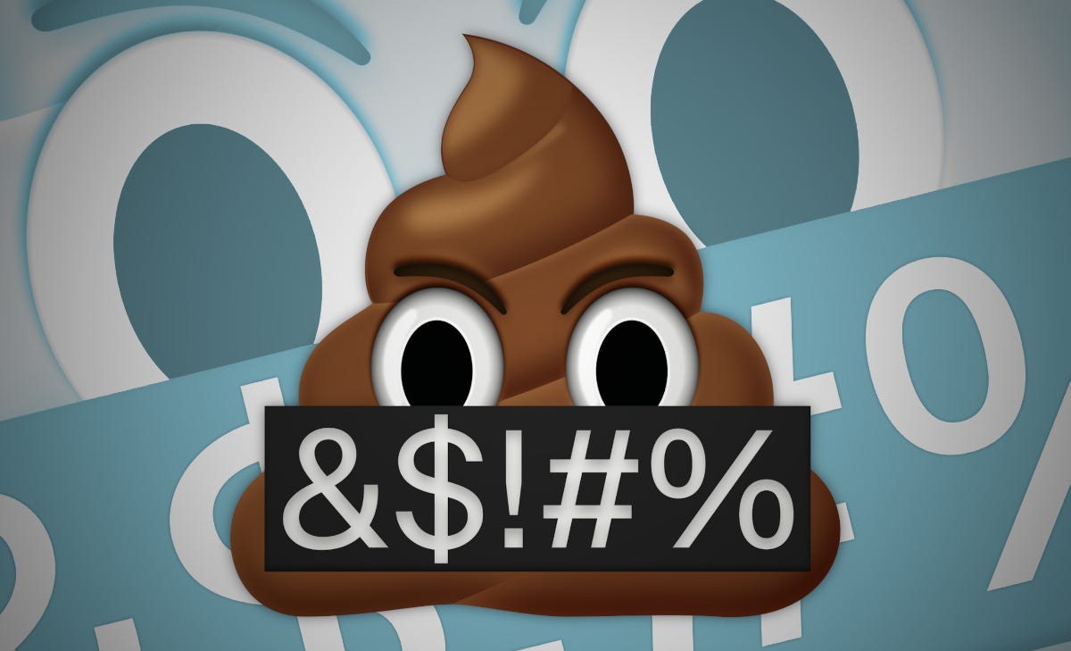 A digital illustration of an angry poop emoji holding a black sign reading "&!#%", set against a blue and gray background tiled with oversized "& !#%" characters. A digital illustration of an angry poop emoji holding a black sign reading "&!#%", set against a blue and gray background tiled with oversized "& !#%" characters.