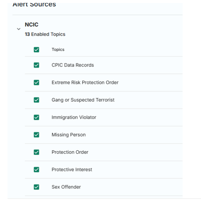 A screengrab of a list of NCIC hotlist topics A screengrab of a list of NCIC hotlist topics