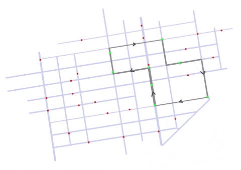 If someone uploads their daily diagnosis keys to a central server, a bad actor could then use those keys to link together multiple RPID pings. This can expose their daily routine, such as where they live and work. The same plain street map, this time with a line connecting some of the different red Bluetooth ping dots into one person's daily route.